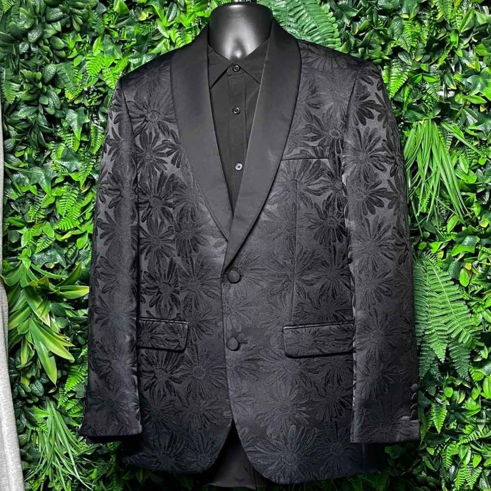 Sayki Mens Blazer 40R Black Floral Jacquard Tuxedo Jacket Shawl Lapel Statement